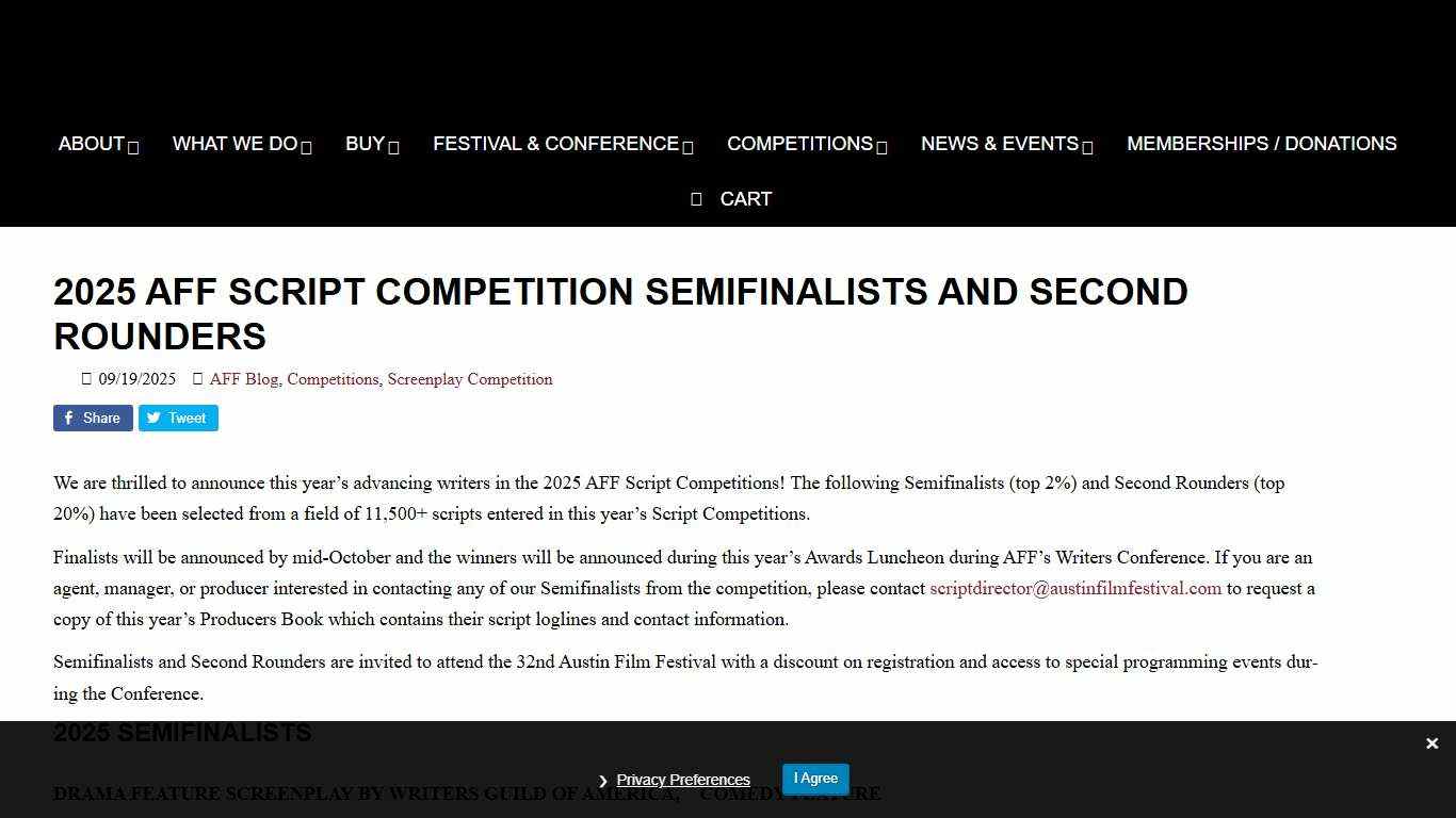 2025 AFF Script Competition Semifinalists and Second Rounders - Austin Film Festival